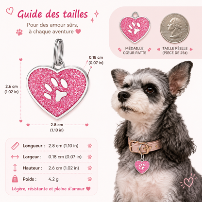 Médaille Cœur Pailletée Personnalisée – Gravure Nom + Numéro, Étanche, Chien & Chat | ZooFamily