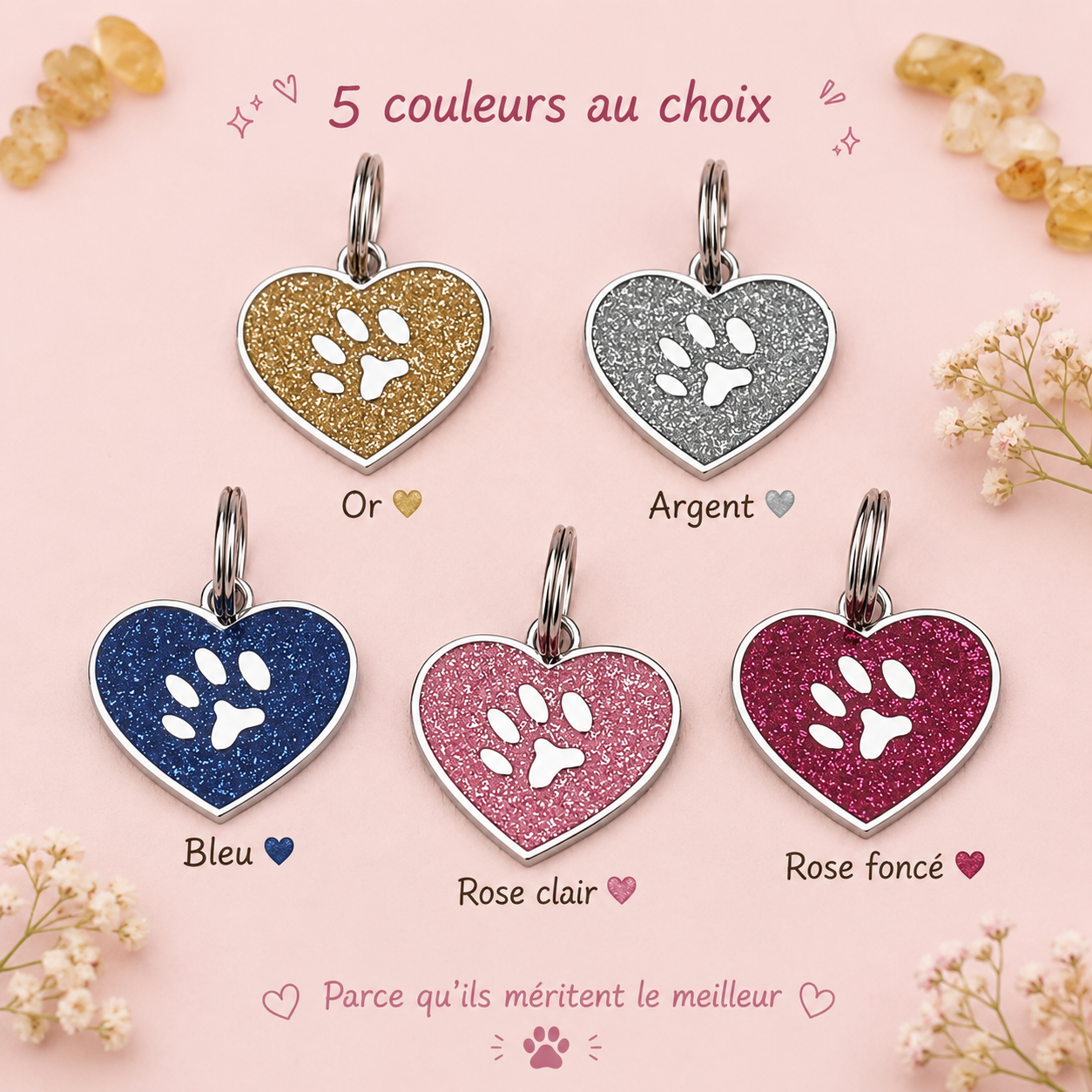 Médaille Cœur Pailletée Personnalisée – Gravure Nom + Numéro, Étanche, Chien & Chat | ZooFamily