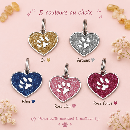 Médaille Cœur Pailletée Personnalisée – Gravure Nom + Numéro, Étanche, Chien & Chat | ZooFamily