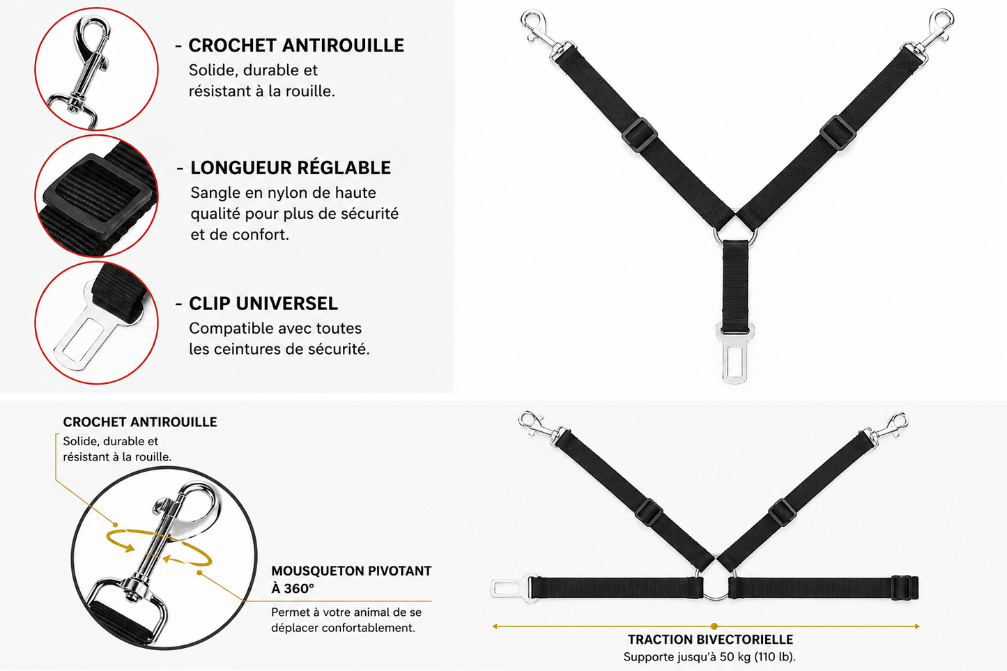 Ceinture de Sécurité Voiture pour Chien & Chat – Clip Universel Réglable | ZooFamily