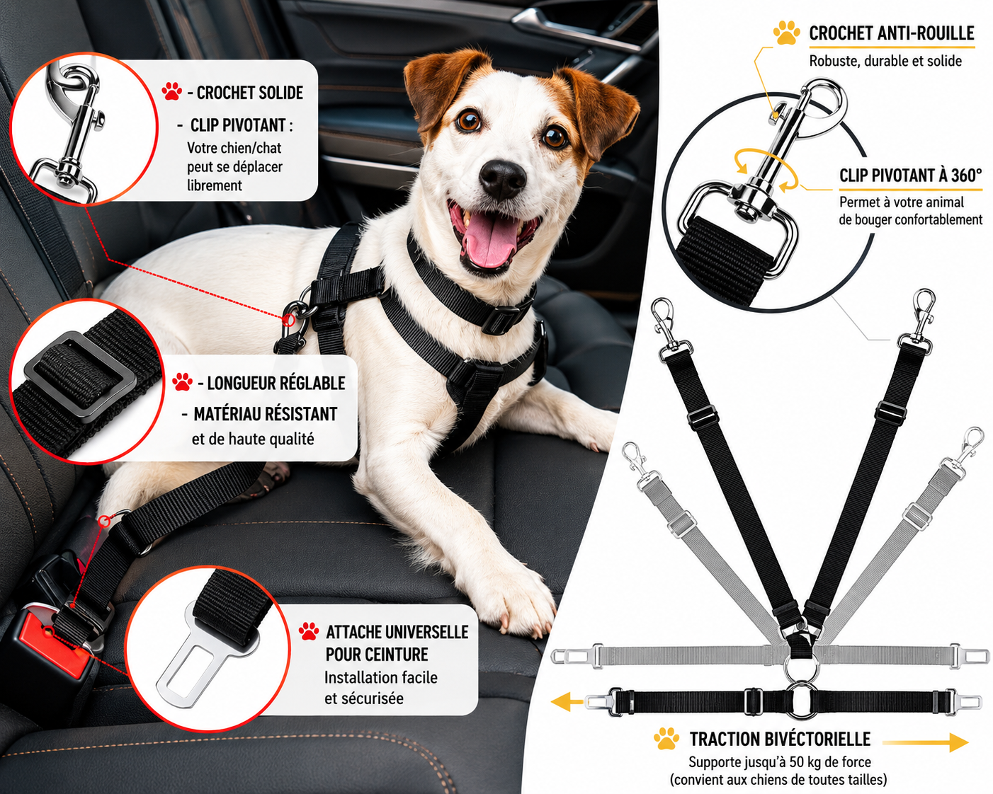 Ceinture de Sécurité Voiture pour Chien & Chat – Clip Universel Réglable | ZooFamily