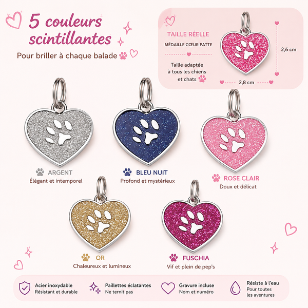 Médaille Cœur Pailletée Personnalisée – Gravure Nom + Numéro, Étanche, Chien & Chat | ZooFamily