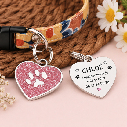 Médaille Cœur Pailletée Personnalisée – Gravure Nom + Numéro, Étanche, Chien & Chat | ZooFamily