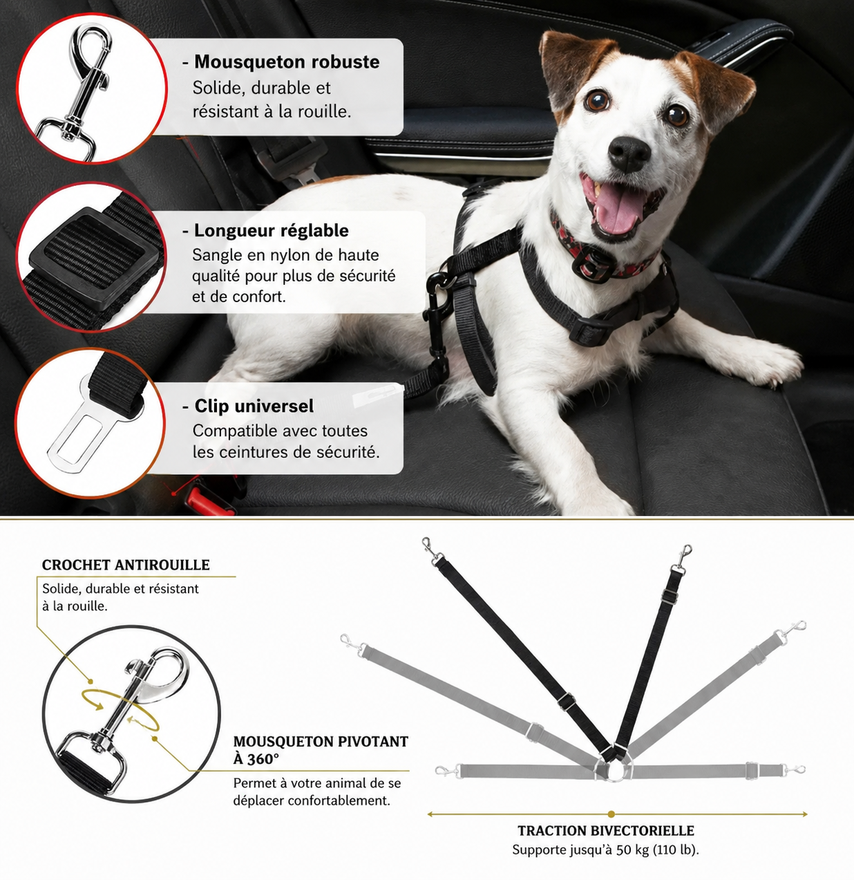 Ceinture de Sécurité Voiture pour Chien & Chat – Clip Universel Réglable | ZooFamily