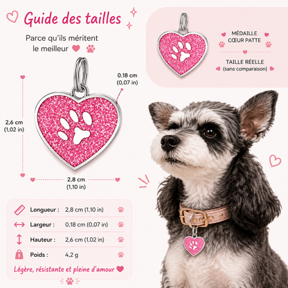 Médaille Cœur Pailletée Personnalisée – Gravure Nom + Numéro, Étanche, Chien & Chat | ZooFamily