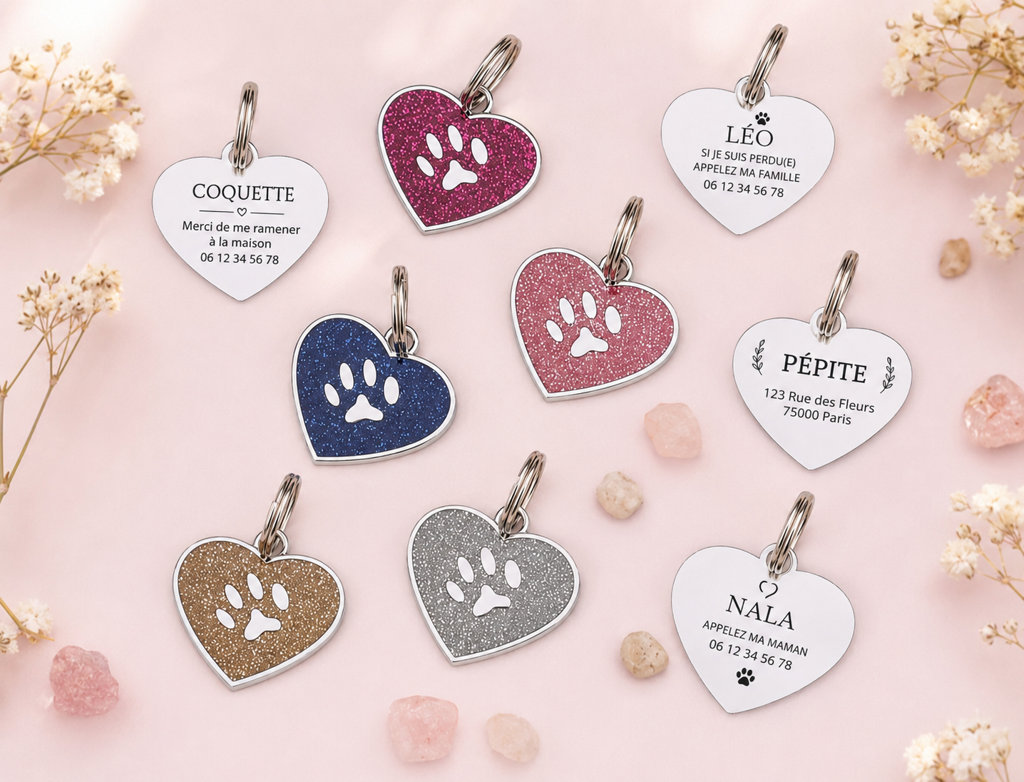 Médaille Cœur Pailletée Personnalisée – Gravure Nom + Numéro, Étanche, Chien & Chat | ZooFamily