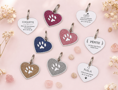 Médaille Cœur Pailletée Personnalisée – Gravure Nom + Numéro, Étanche, Chien & Chat | ZooFamily