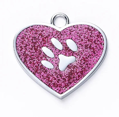 Médaille cœur pailletée personnalisée pour chien & chat – Nom + numéro gravés, étanche