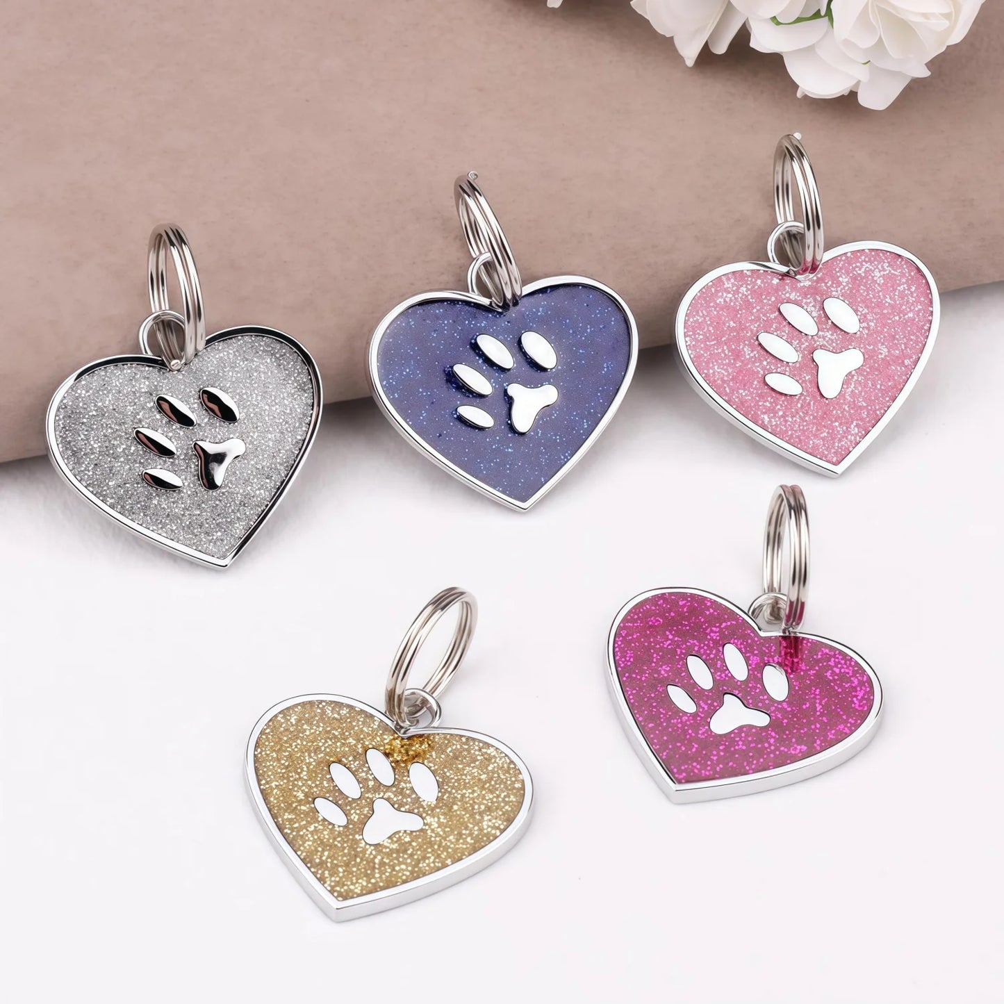Médaille cœur pailletée personnalisée pour chien & chat – Nom + numéro gravés, étanche