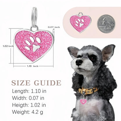 Médaille cœur pailletée personnalisée pour chien & chat – Nom + numéro gravés, étanche