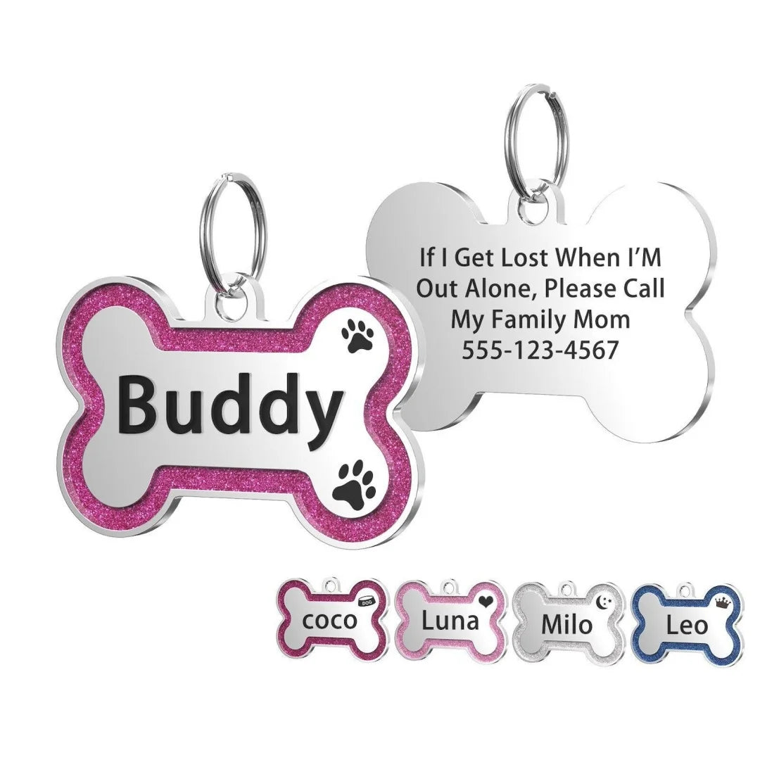 Médaillon d’identification pailleté pour chien & chat – Personnalisé nom + numéro (double face)