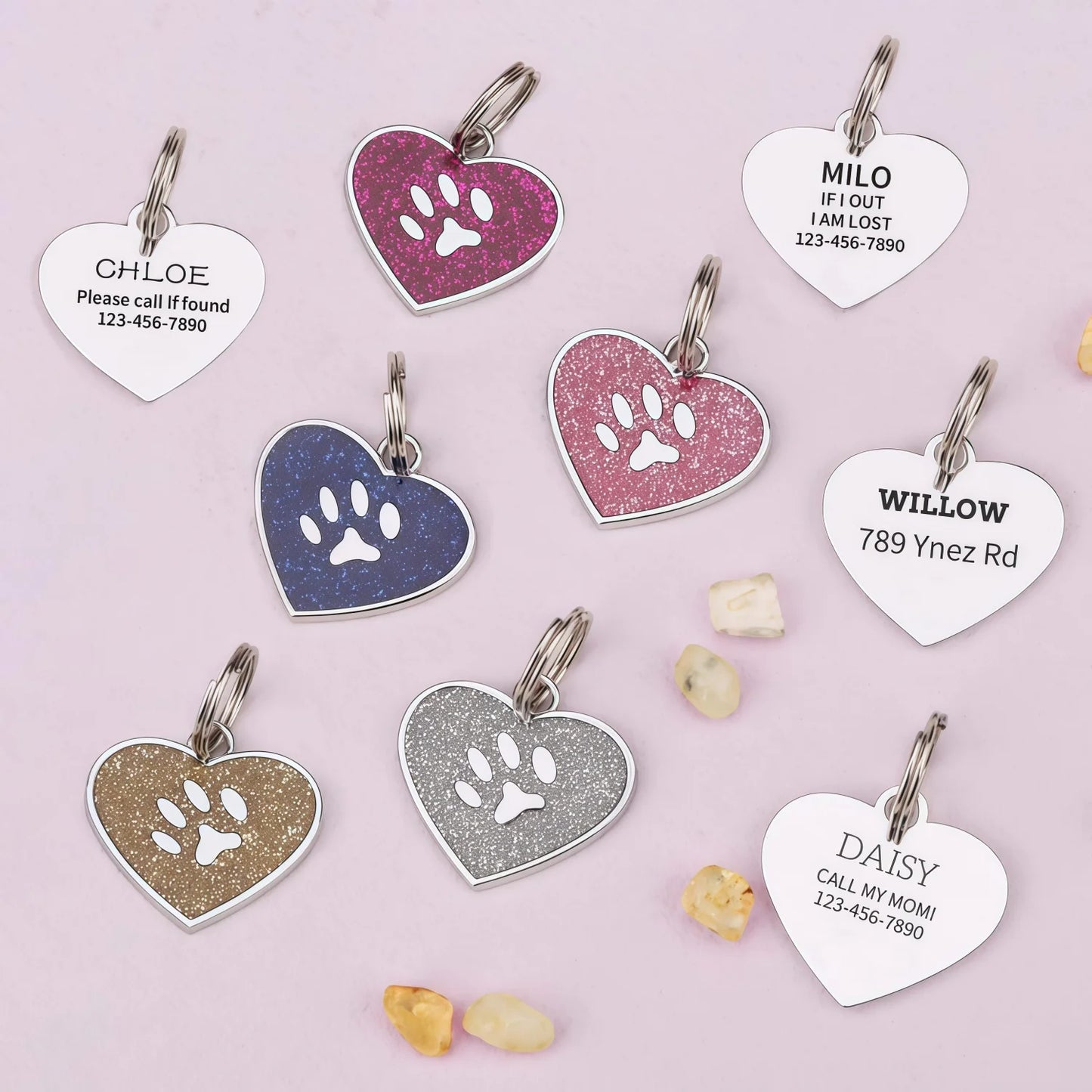 Médaille cœur pailletée personnalisée pour chien & chat – Nom + numéro gravés, étanche