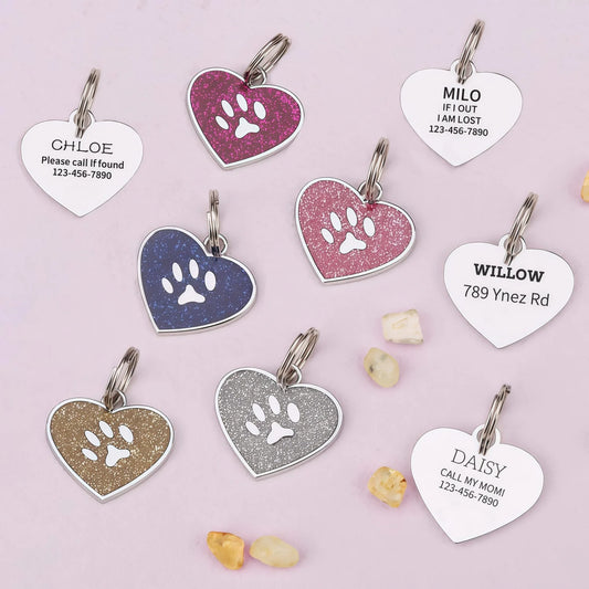 Médaille cœur pailletée personnalisée pour chien & chat – Nom + numéro gravés, étanche