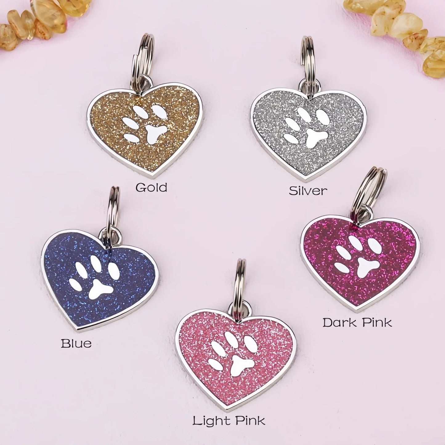 Médaille cœur pailletée personnalisée pour chien & chat – Nom + numéro gravés, étanche