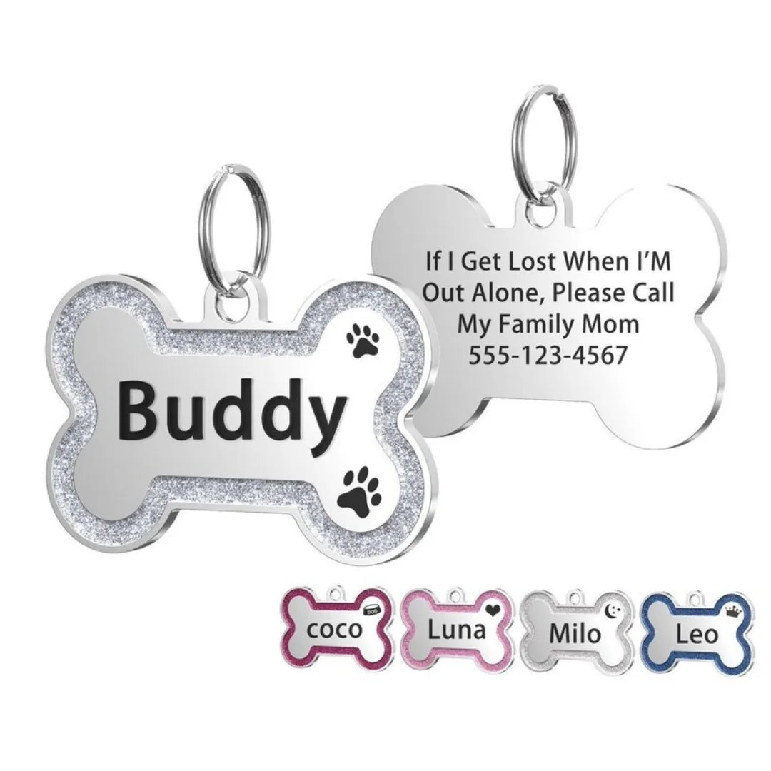 Médaillon d’identification pailleté pour chien & chat – Personnalisé nom + numéro (double face)