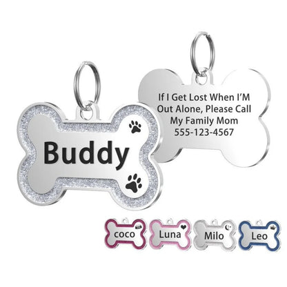 Médaillon d’identification pailleté pour chien & chat – Personnalisé nom + numéro (double face)