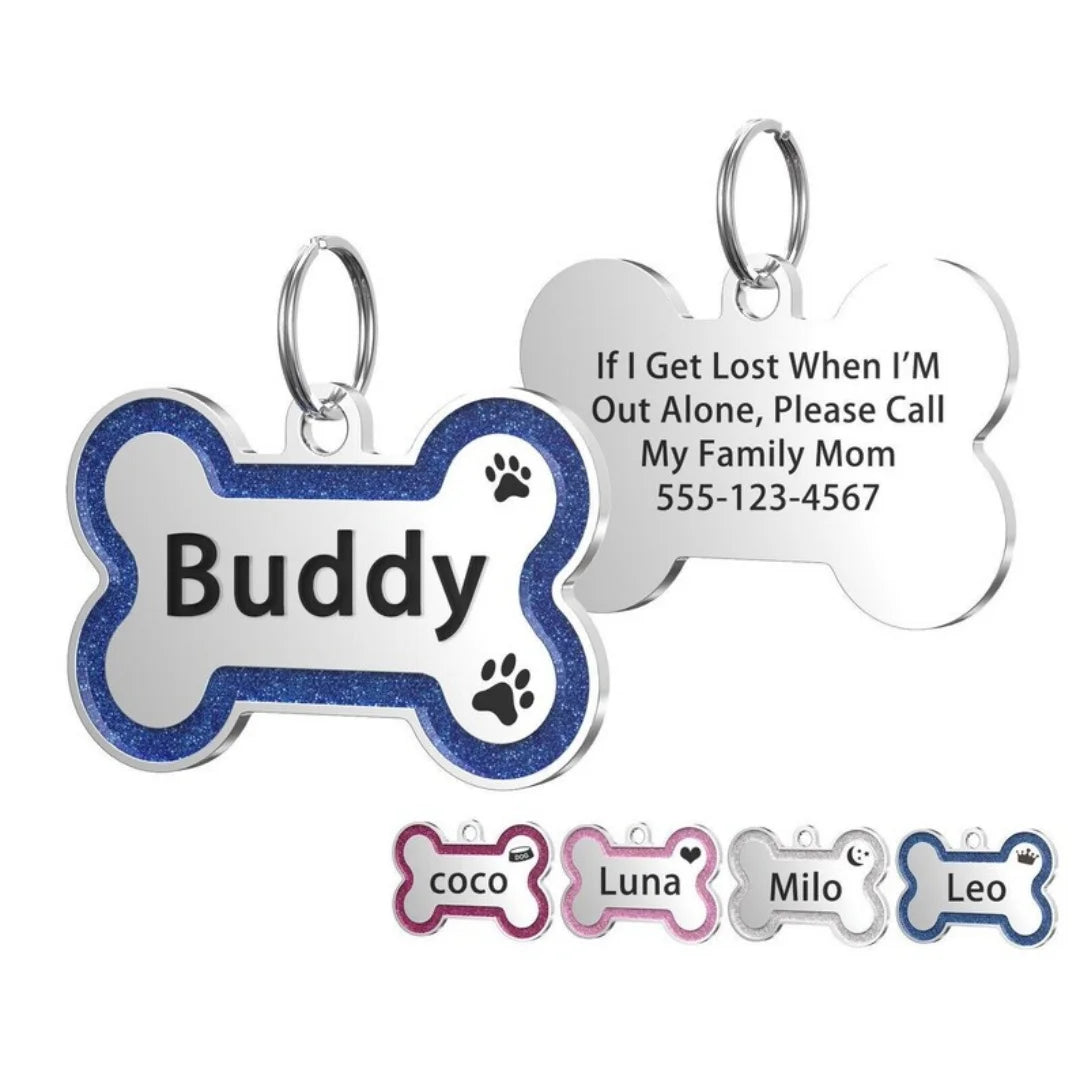 Médaillon d’identification pailleté pour chien & chat – Personnalisé nom + numéro (double face)