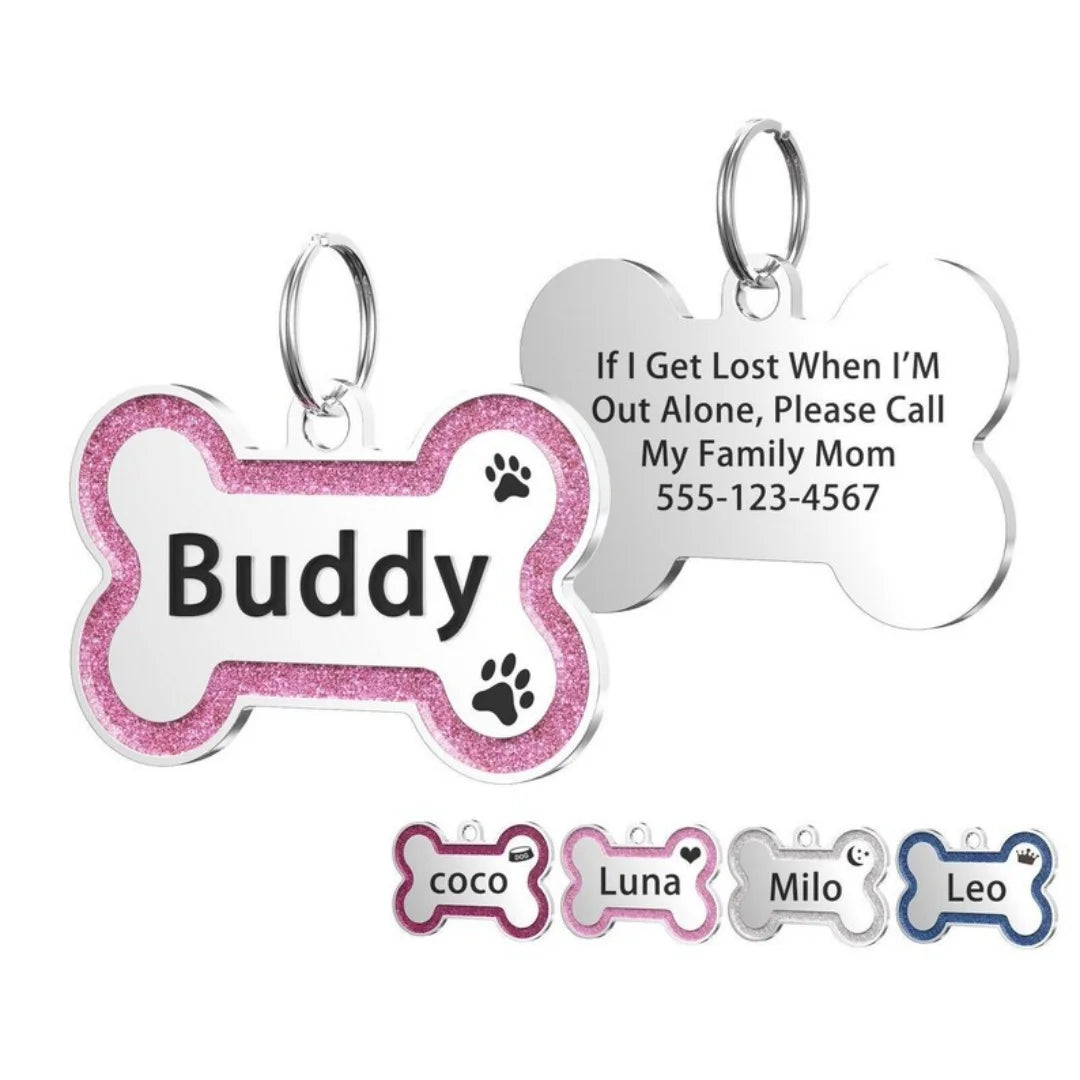 Médaillon d’identification pailleté pour chien & chat – Personnalisé nom + numéro (double face)